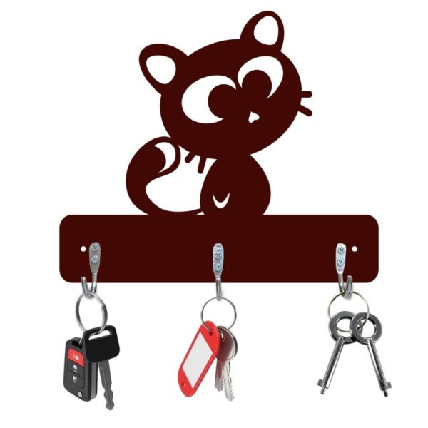 Farsi Crafts Stylish Artistic Cat Wooden Key Holder for Wall – Decorative Key Hanger for Home Décor | Wall Mounted Wooden Key Rack with 3 Hooks | Unique Cat Design Key Stand for Entryway & Living Room