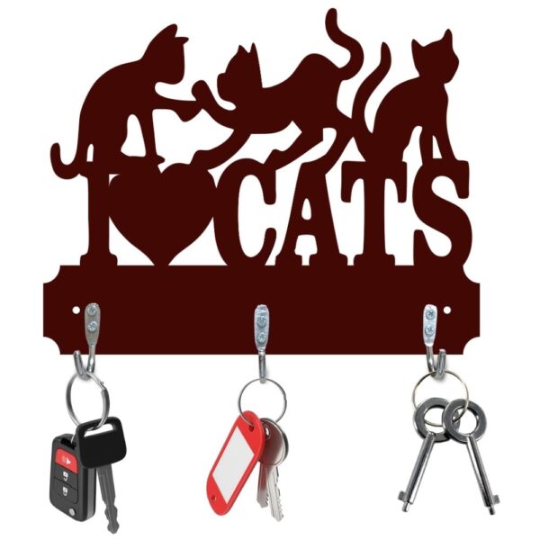 Farsi Crafts Decorative 'I Love Cats' Wooden Key Holder with Sitting Cat Design – Wall Mounted Key Hanger for Cat Lovers | 3 Hook Key Organizer for Home & Office Décor (Dark Brown)