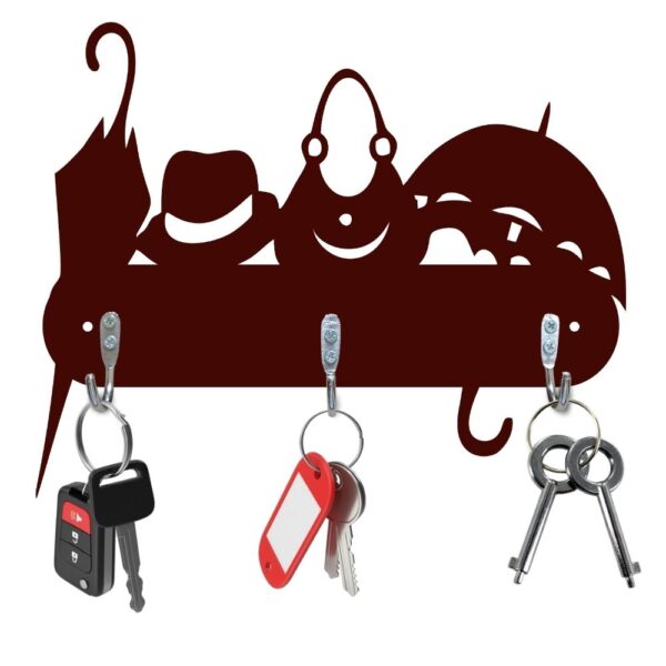 Farsi Crafts Modern Entryway Organizer with Umbrella, Hat & Bag Silhouette Design – 3 Hooks for Home & Office Use | Stylish Entryway & Living Room Key Organizer (Dark Brown)
