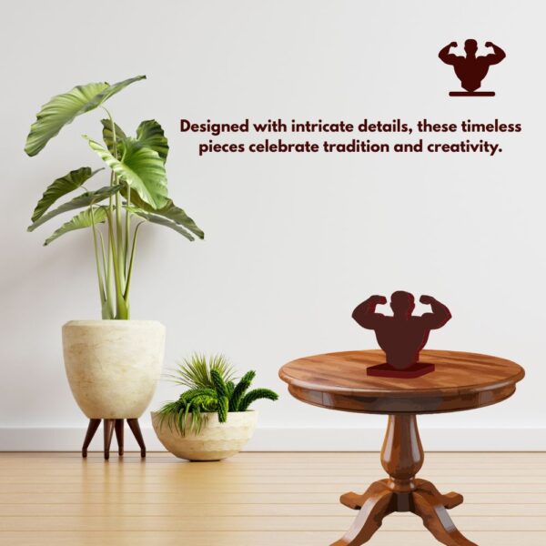 Farsi Crafts Flex Power Pose Wooden Sculpture – Unique Bodybuilder Showpiece for Gym Enthusiasts | Ideal Gift for Fitness Lovers & Perfect Decor for Home, Office, or Display Shelf (Dark Brown) - Image 2