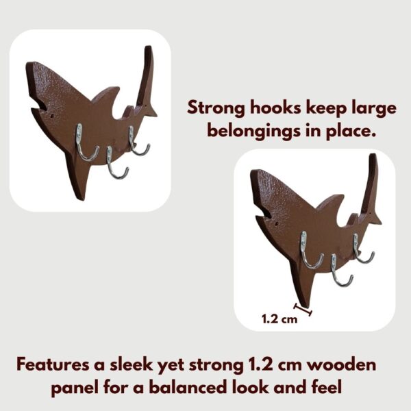 Farsi Crafts Stylish Unique Shark Design Wooden Key Holder for Wall – Decorative Key Hanger for Home & Office Décor | Wall Mounted Key Organizer with 3 Hooks | Unique Shark Shaped Key Rack (Dark Brown) for Entryway & Living Room - Image 3