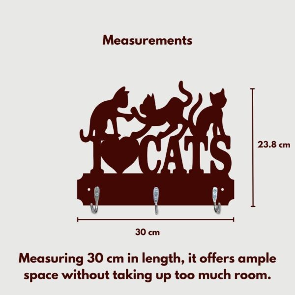 Farsi Crafts Decorative 'I Love Cats' Wooden Key Holder with Sitting Cat Design – Wall Mounted Key Hanger for Cat Lovers | 3 Hook Key Organizer for Home & Office Décor (Dark Brown) - Image 4