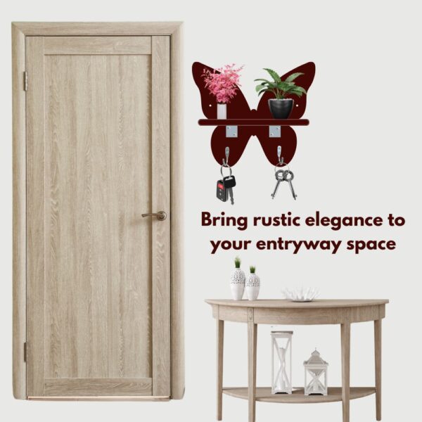 Farsi Crafts Stylish Butterfly Design Wooden Key Holder with Shelf for Wall – Decorative Key Hanger & Organizer for Home Décor | Wall Mounted Key Rack with 2 Hooks & Storage Shelf - Image 5