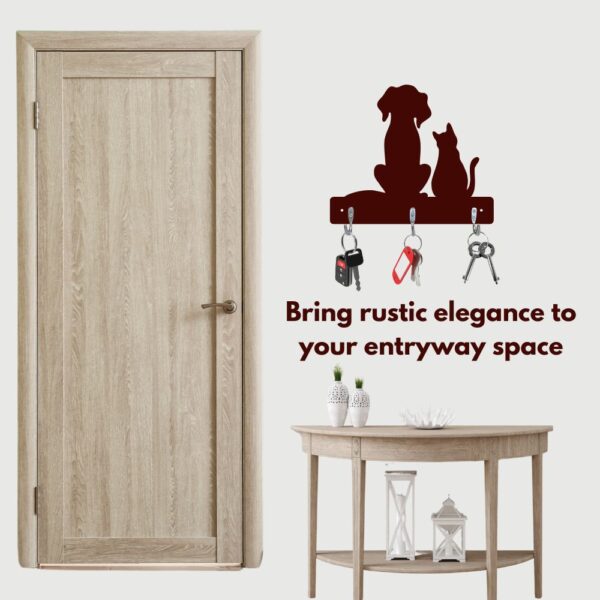 Farsi Crafts Decorative Dog & Cat Design Wooden Key Holder for Wall – Stylish Animal Shaped Key Hanger for Home & Office Décor | Wall Mounted Key Organizer with 3 Hooks (Dark Brown) | Unique Dog & Cat Design Key Stand for Entryway & Living Room - Image 5
