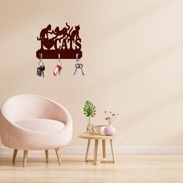 Farsi Crafts Decorative 'I Love Cats' Wooden Key Holder with Sitting Cat Design – Wall Mounted Key Hanger for Cat Lovers | 3 Hook Key Organizer for Home & Office Décor (Dark Brown) - Image 7