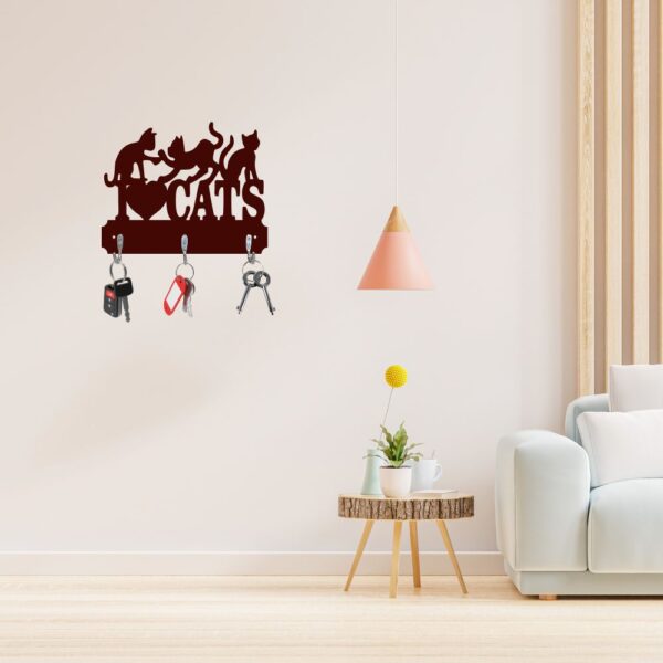 Farsi Crafts Decorative 'I Love Cats' Wooden Key Holder with Sitting Cat Design – Wall Mounted Key Hanger for Cat Lovers | 3 Hook Key Organizer for Home & Office Décor (Dark Brown) - Image 8